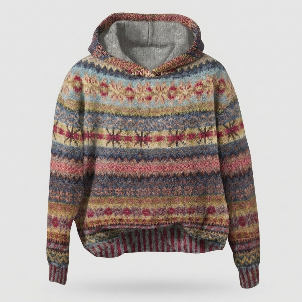 Mönstrad damjacka i vintage Fair Isle-stil med huva, visad i detalj