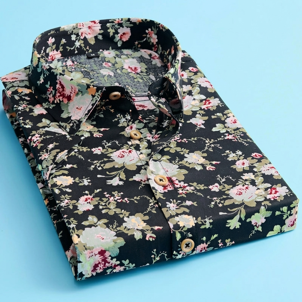 Mönstrad herrmode polotröja med blommor i blå nyanser för vardagsstil