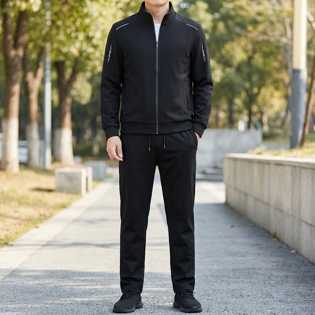 Man som bär ett svart herr tracksuit utomhus