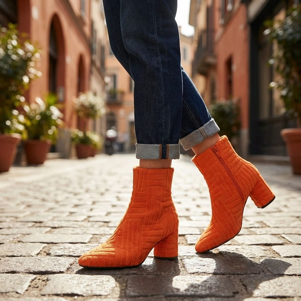 Orangea ankelboots med spetsig tå och blockklack på kullerstensgata