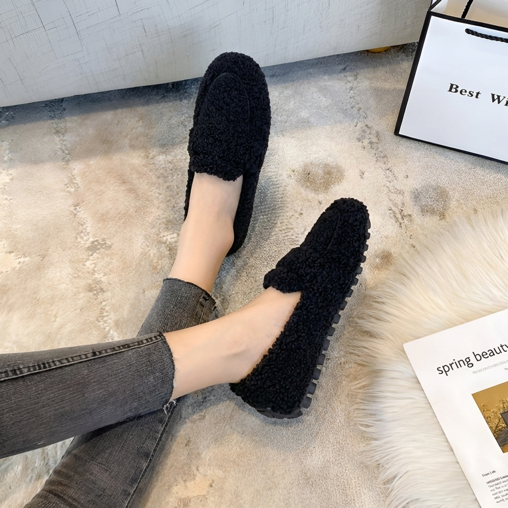 Svartfärgade plysch loafers för dam på mysig matta