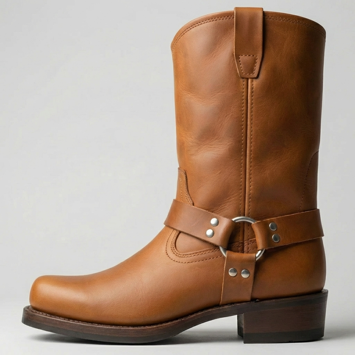 Snygga damernas mid-calf westernstövlar med harnesrem i brunt läder