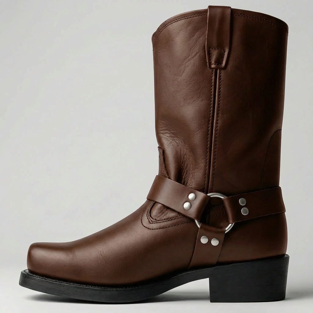 Mörkbrun mid-calf westernstövel mot ljus bakgrund