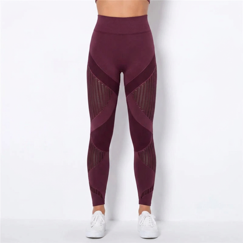 Detaljbild på tyg och hög midja på sömlösa leggings för träning