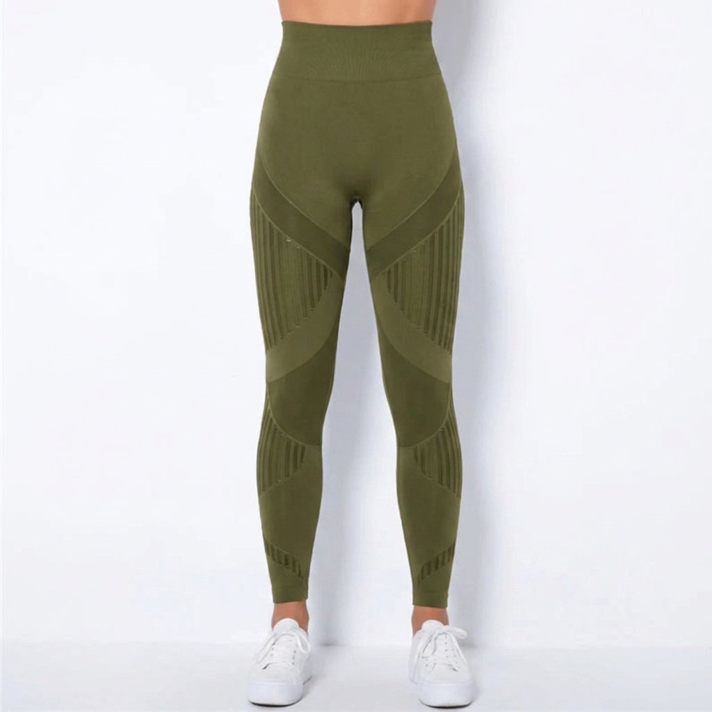 Armégröna sömlösa leggings med hög midja framifrån