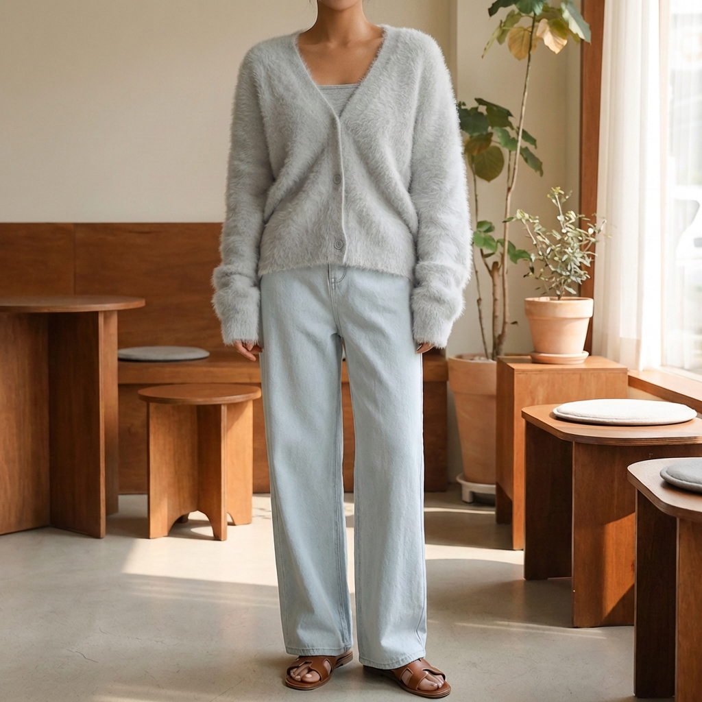 Kvinna som bär en mjuk och elegant grå damcardigan utomhus