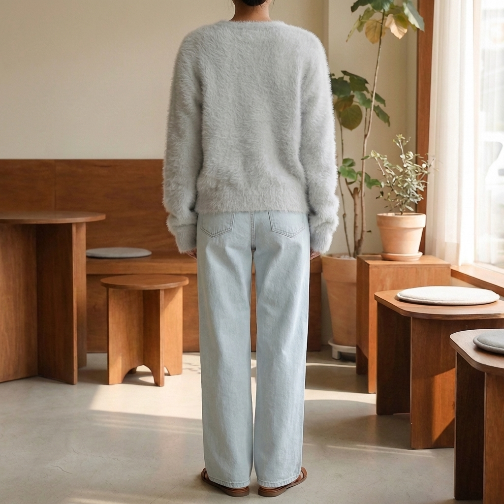 Bakifrån av kvinna i en stilren och bekväm cardigan
