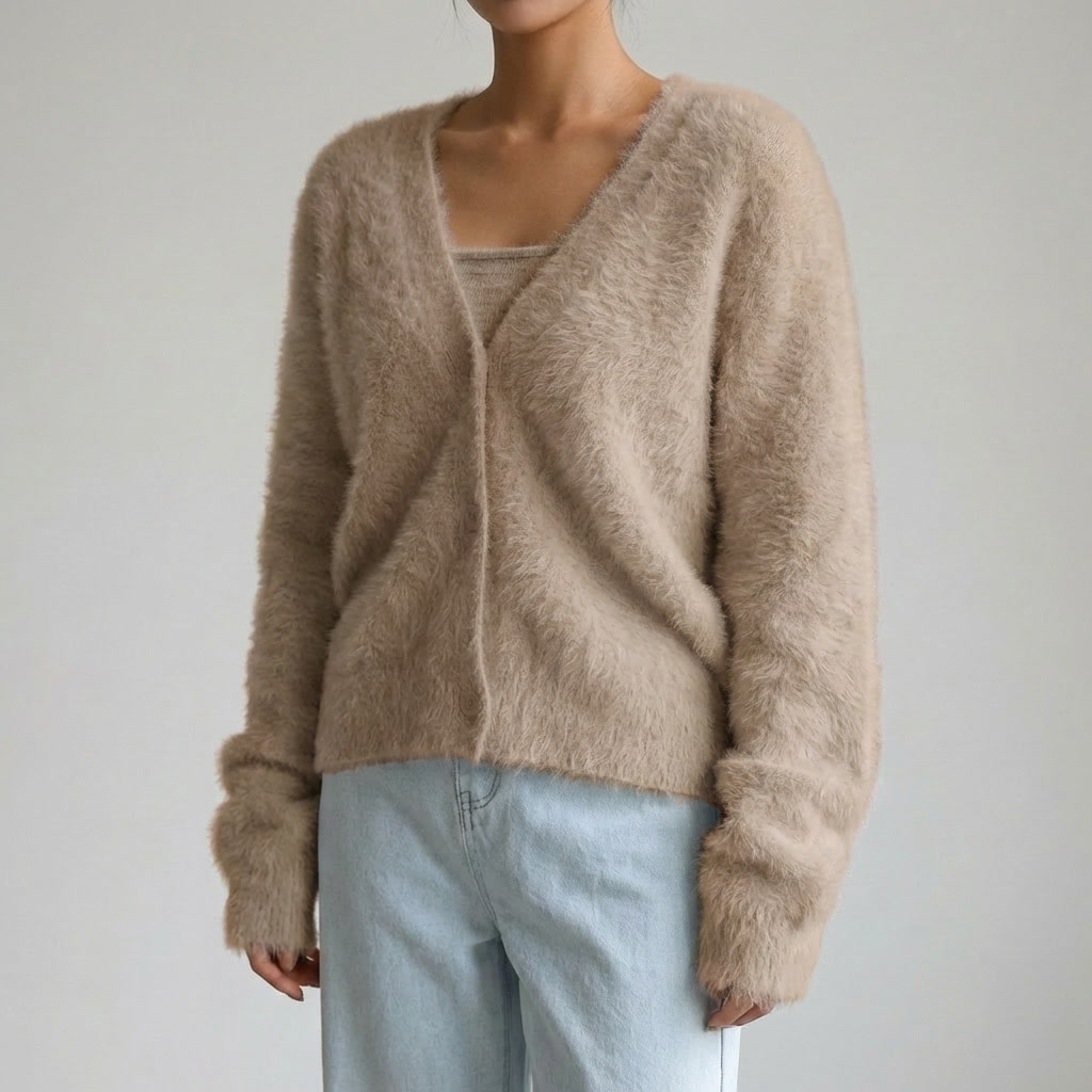 Närbild på en beige damcardigan med vacker textur