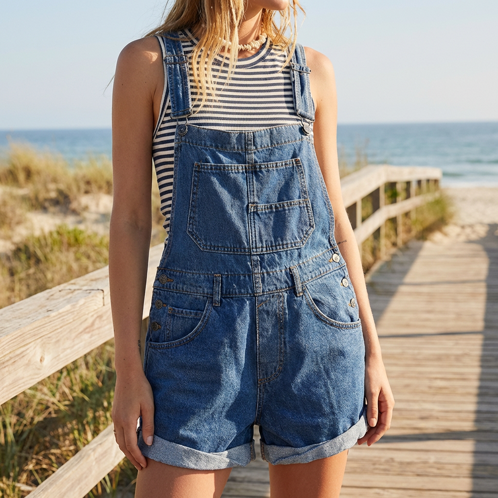 Kvinna i blå ärmlös kort denimjumpsuit framifrån vid stranden