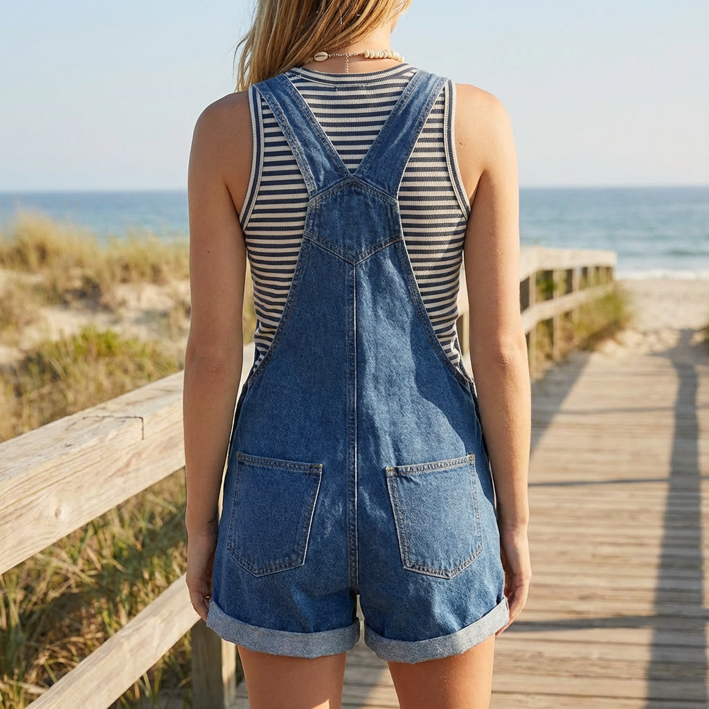 Kvinna i ärmlös kort denimjumpsuit bakifrån med fickor