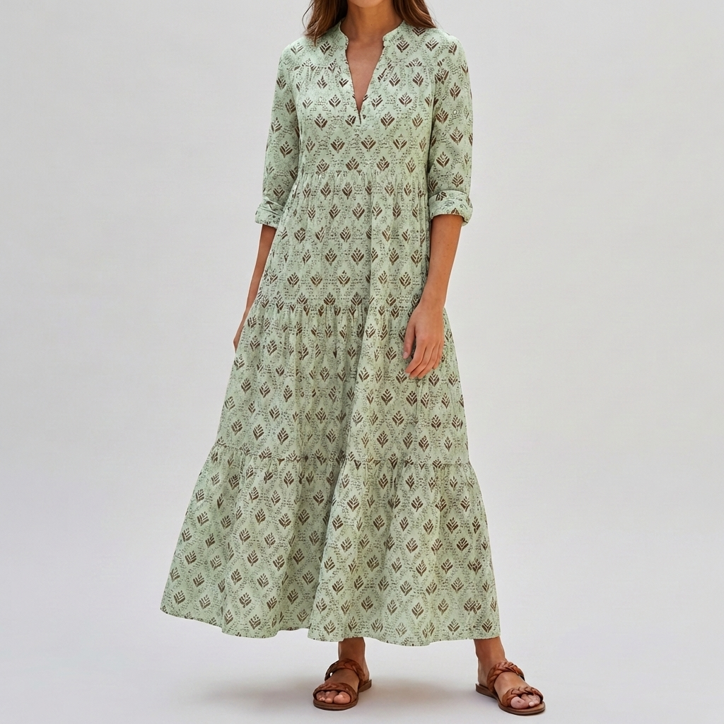 Boho maxiklänning för dam med lång ärm och v-ringning i mönstrat tyg