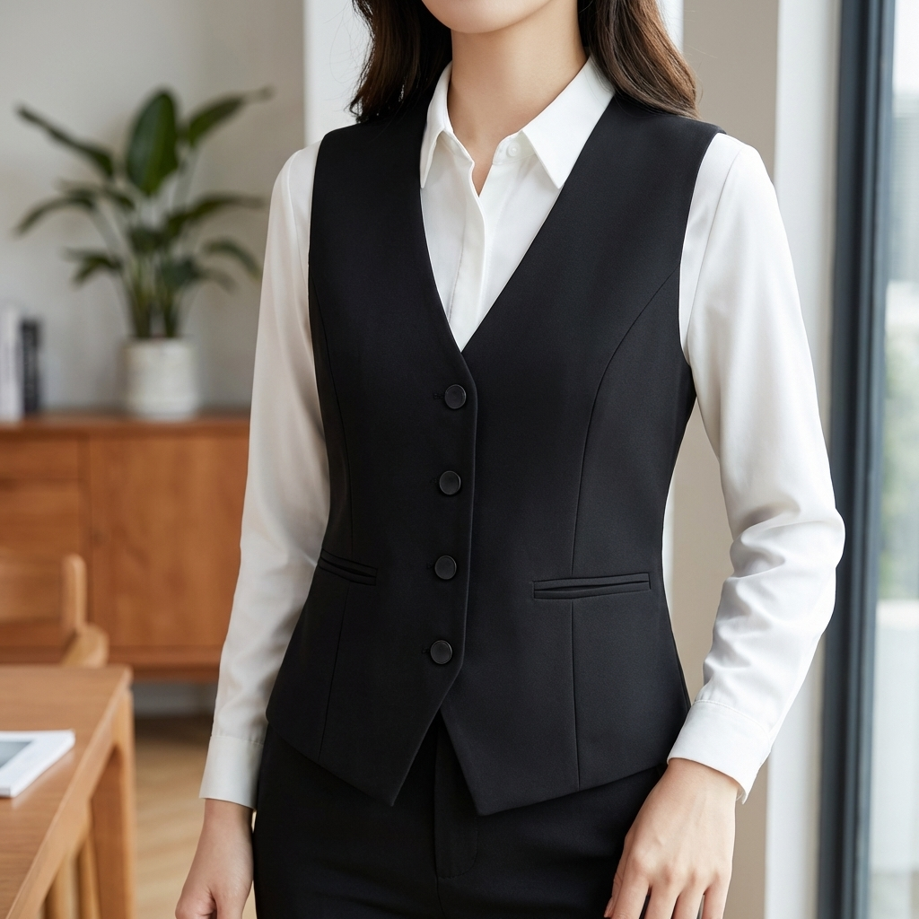Kvinna i svart ärmlös vintageblazer med vit skjorta framifrån