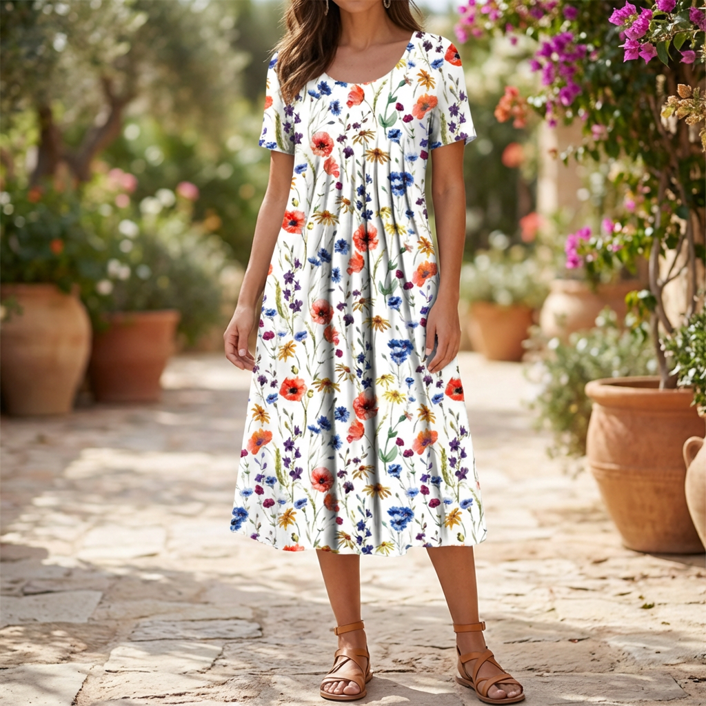 Kvinna som bär vintage blommig sommarklänning utomhus