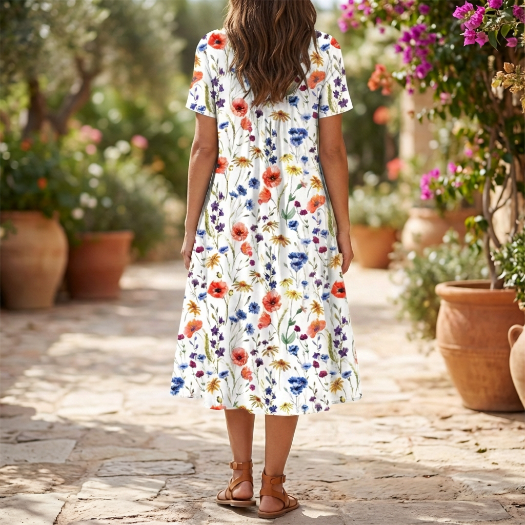 Baksida av vintage blommig sommarklänning på modell