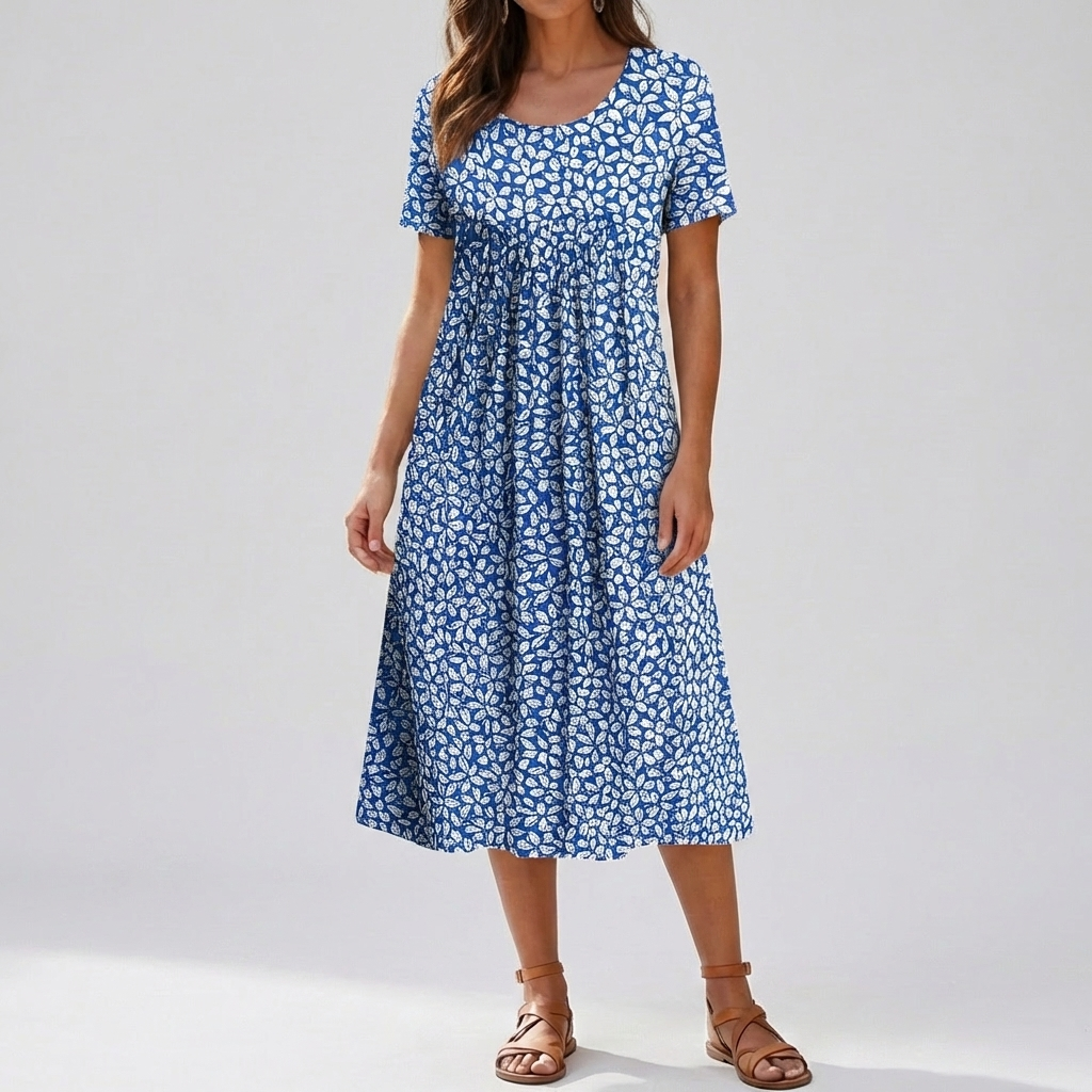 Vintage sommarklänning i blommigt mönster med korta ärmar och boho-stil
