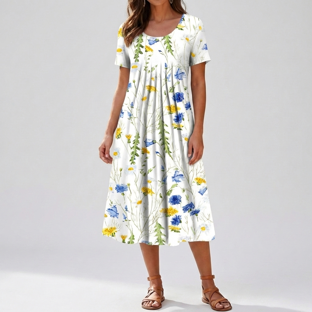 Elegant damkläder klänning med blommor och lätt utsvängd silhuett