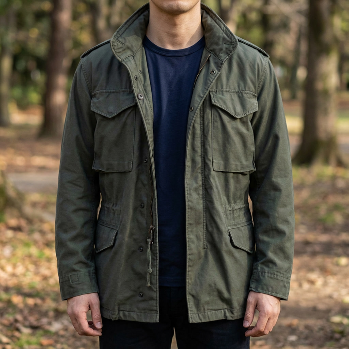 Man i grön vintage militär fältjacka stående utomhus