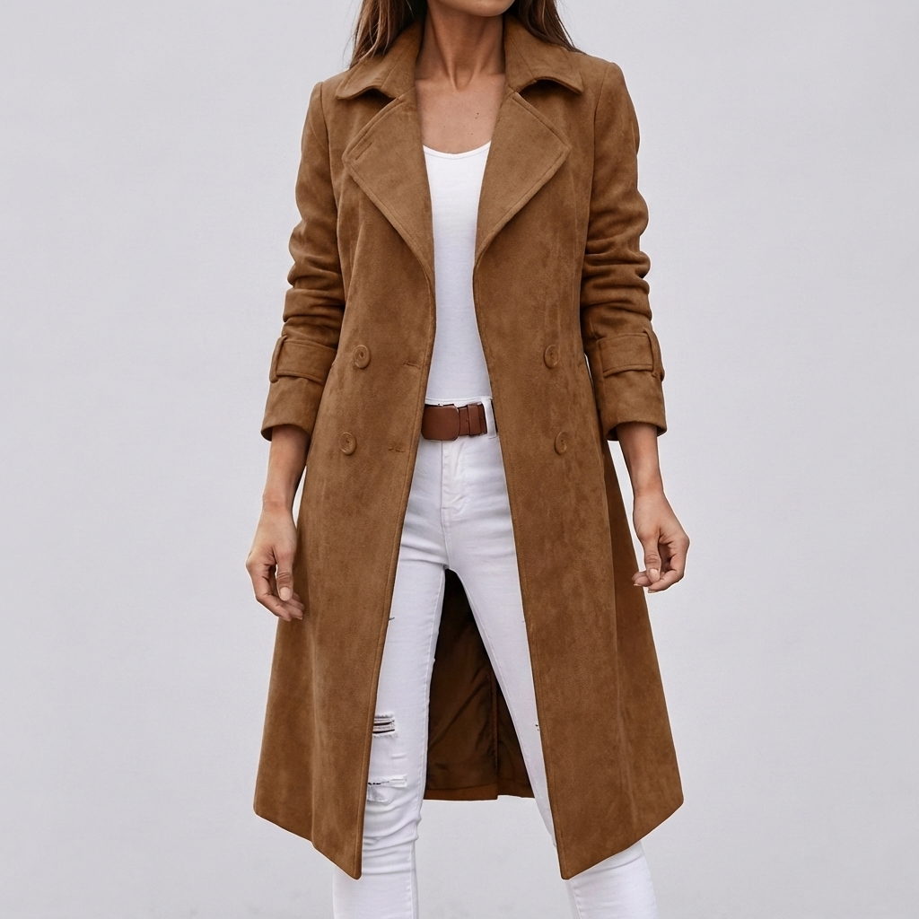 Baksidan av en beige höstkappa med skärp, visar passform och stiliga ytterkläder.