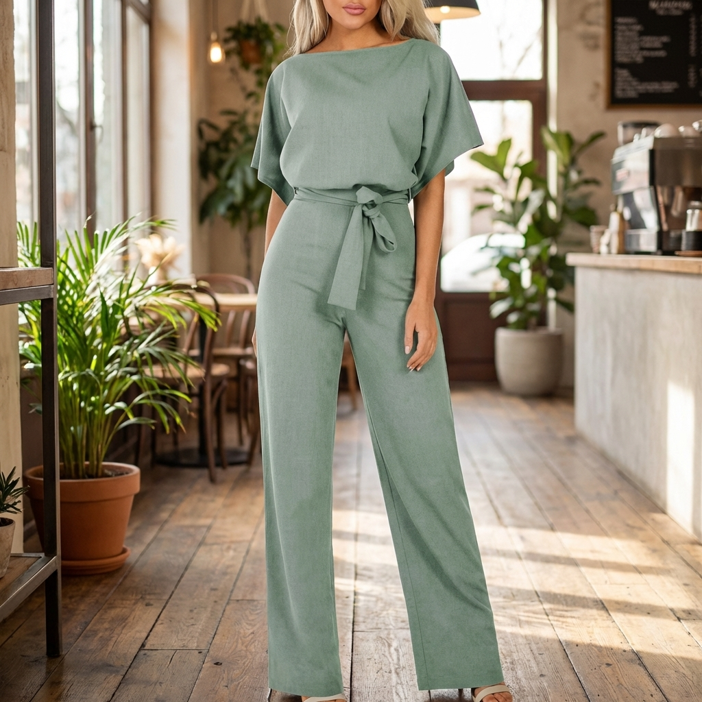 Modell i grön stilig jumpsuit med bälte i ett ljust rum