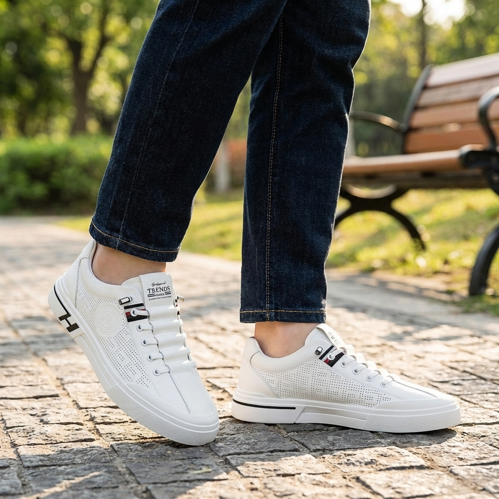 Man i blå jeans som går utomhus i ett par vita sneakers