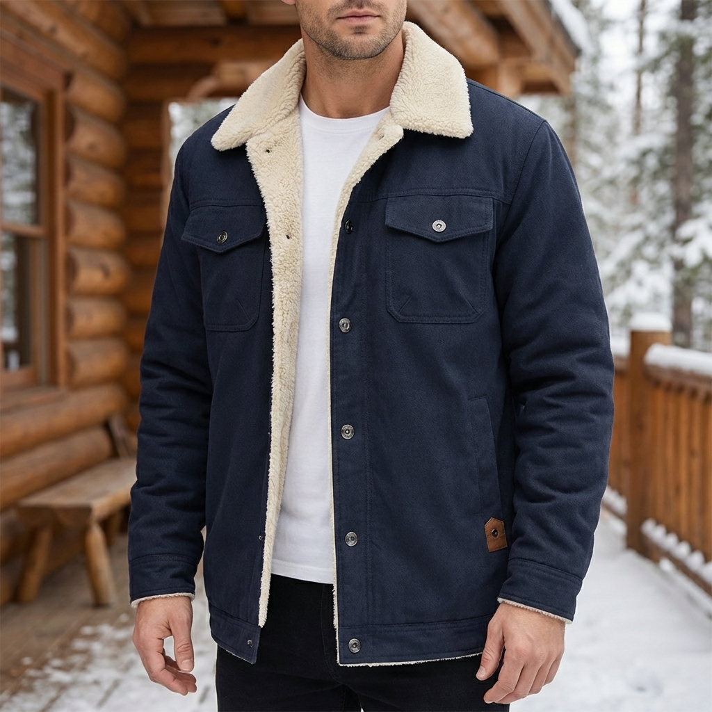 Man i marinblå vintage bomberjacka utomhus i snö