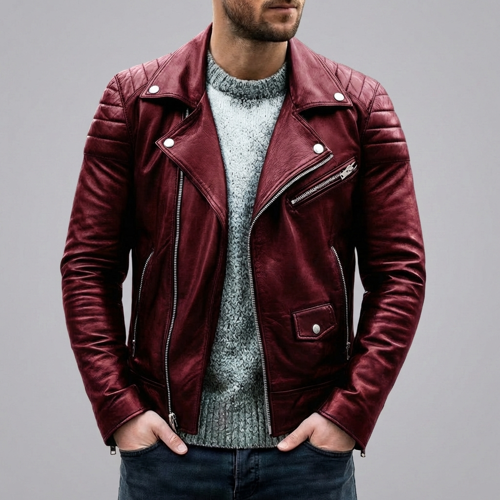 Klassisk herrjacka i bikerstil med dekorativa sömmar
