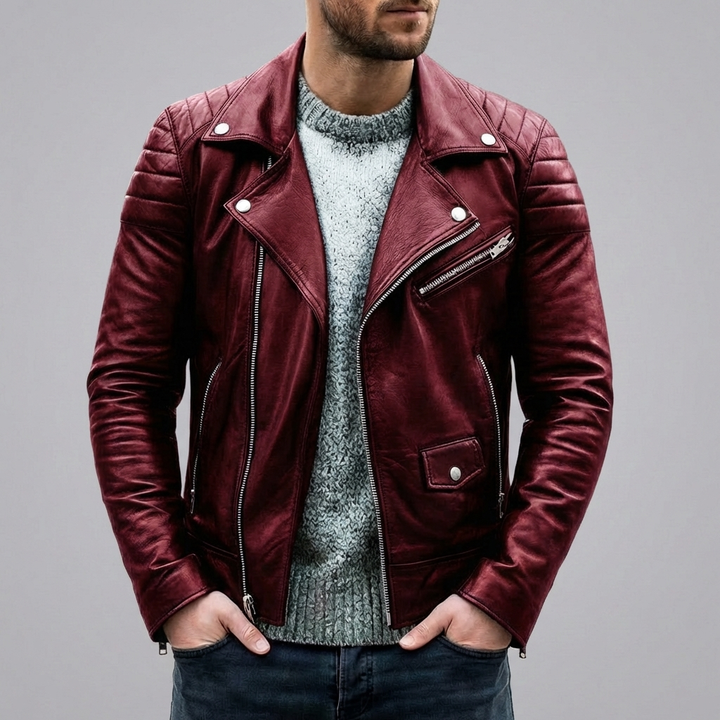 Klassisk herrjacka i bikerstil med dekorativa sömmar