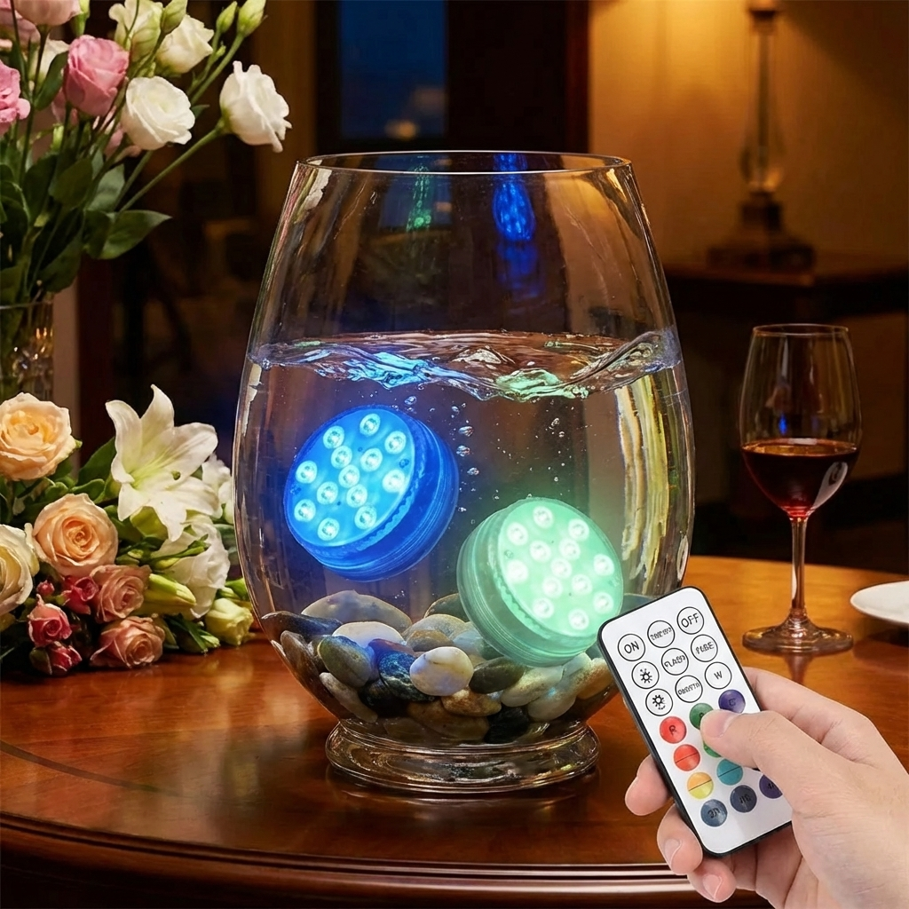 Blå och grön LED-undervattenslampa i en glasvas med blommor och fjärrkontroll