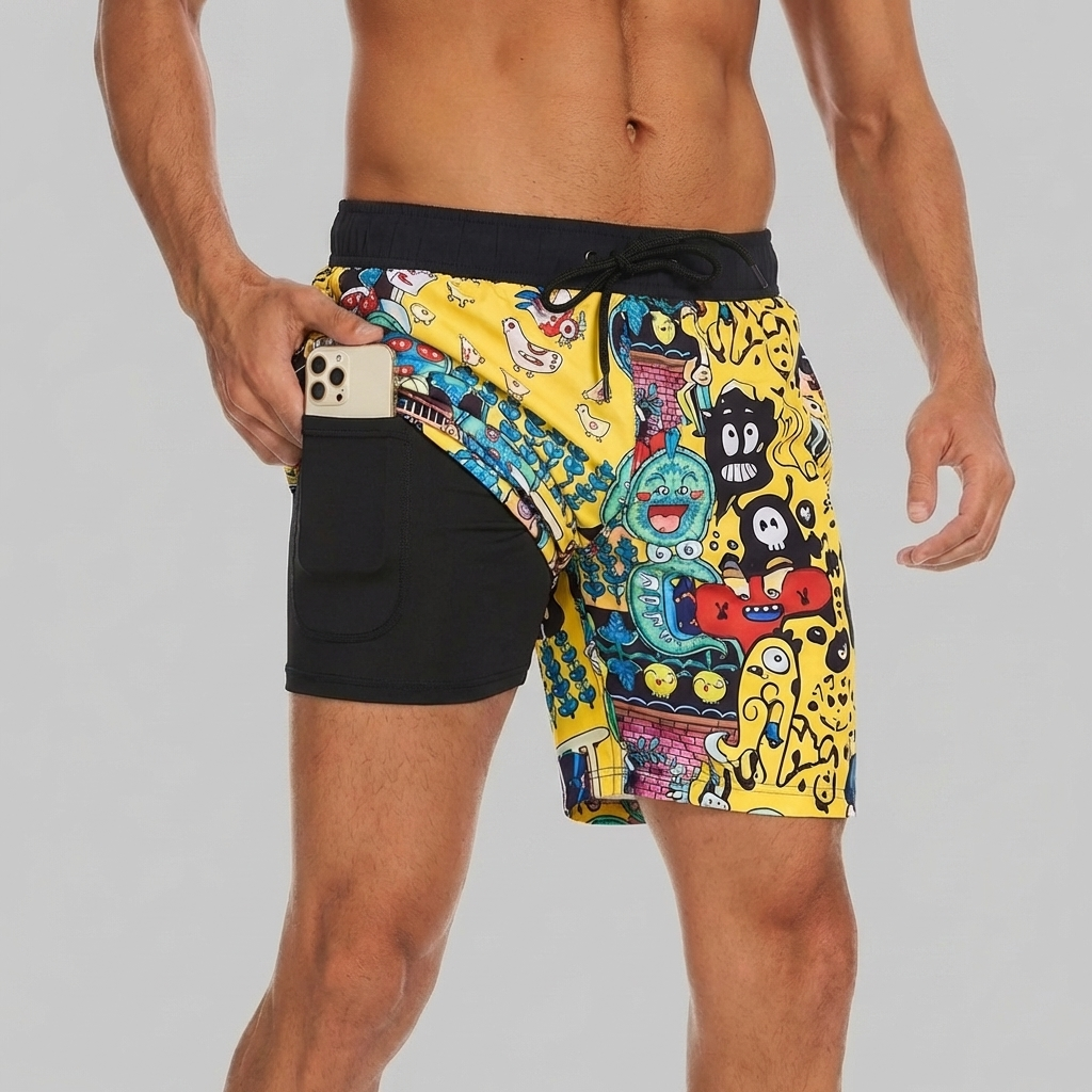 Gröna simshorts för män med säker ficka för mobilen på stranden