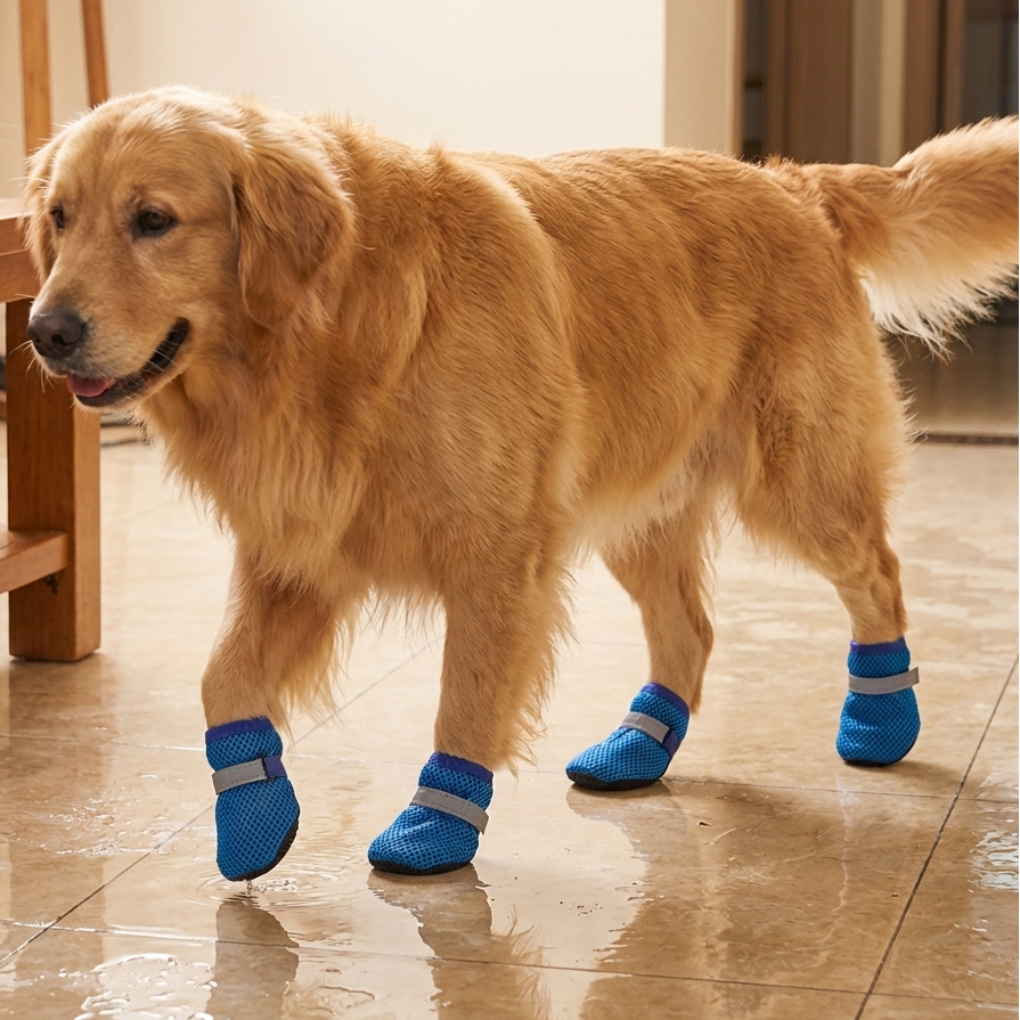 Golden retriever som bär blå skyddsskor inomhus