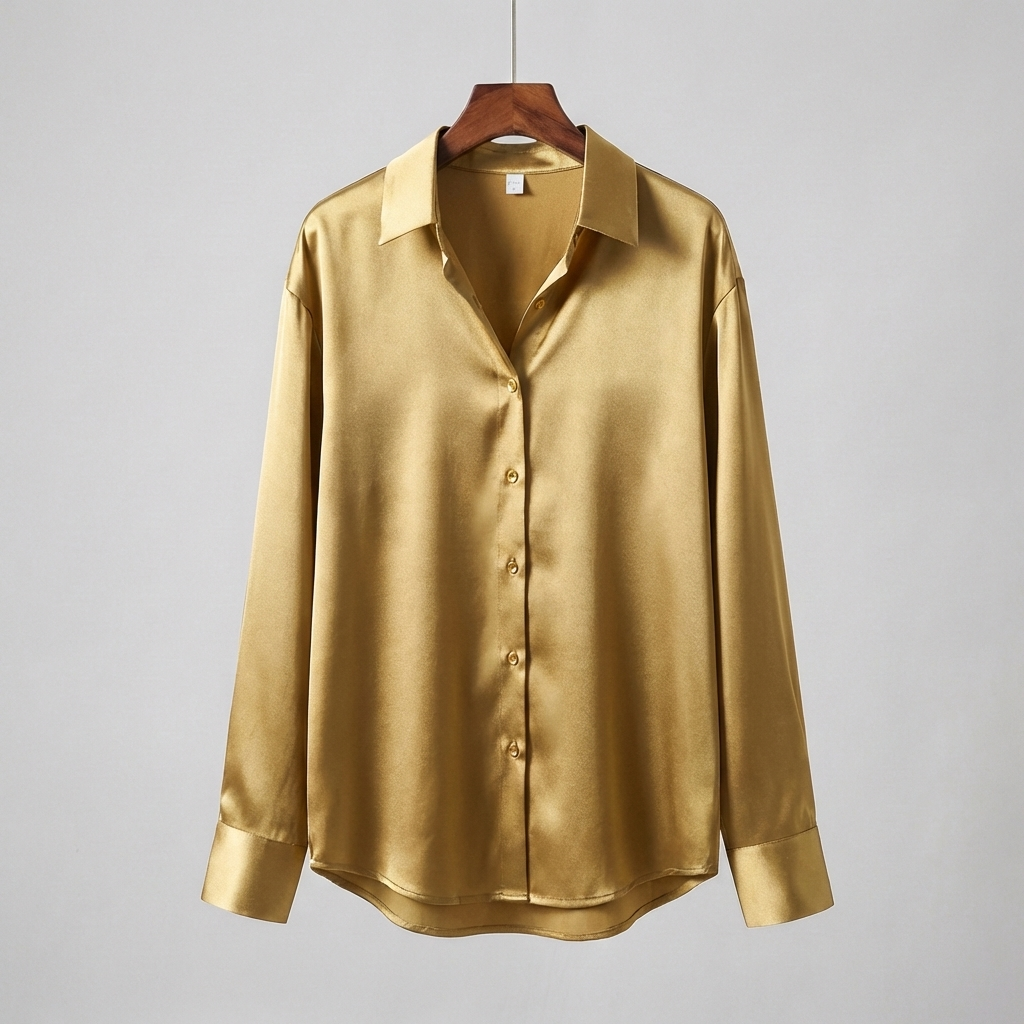 Elegant damblus i vit satin med långa ärmar och krage