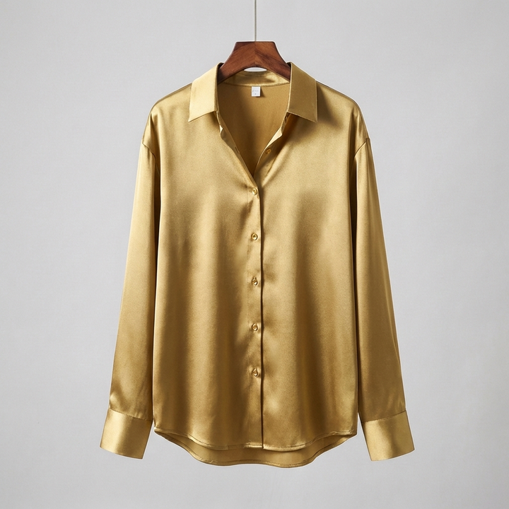 Elegant damblus i vit satin med långa ärmar och krage