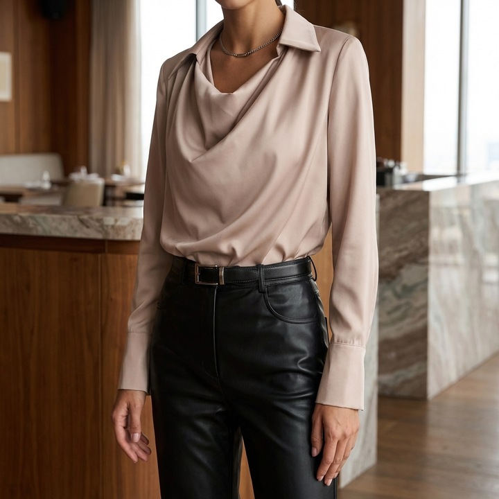Elegant damblus i khaki färg med draperad krage
