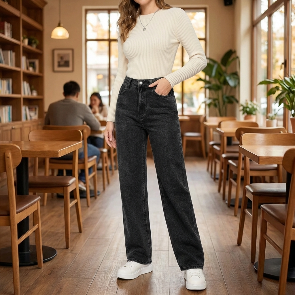 Kvinna i svart tröja och mörka raka jeans som står på café