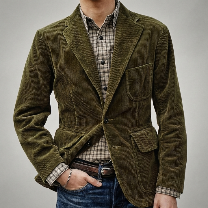 Mörk herrjacka i mjukt velourmaterial för vardagsmode och stiliga outfits.