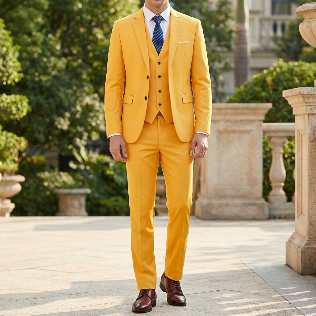 Man i gul 3-delad slim fit kostym utomhus