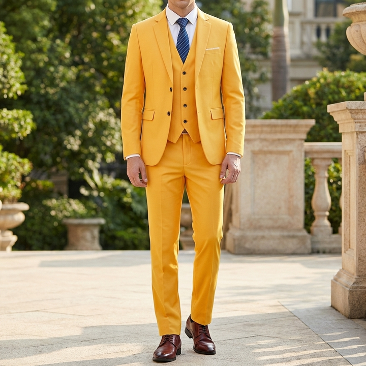 Man i gul 3-delad slim fit kostym utomhus