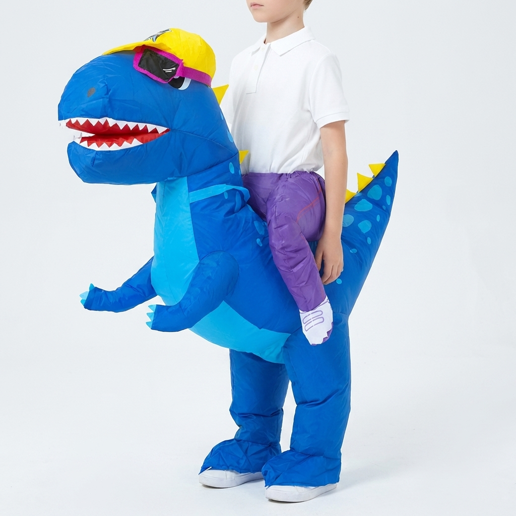 Barn i färgglad dinosaurie utklädnad redo för karneval och roliga äventyr