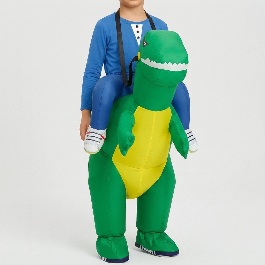 Detaljbild på den uppblåsbara dinosauriekostymen med populär ridande design