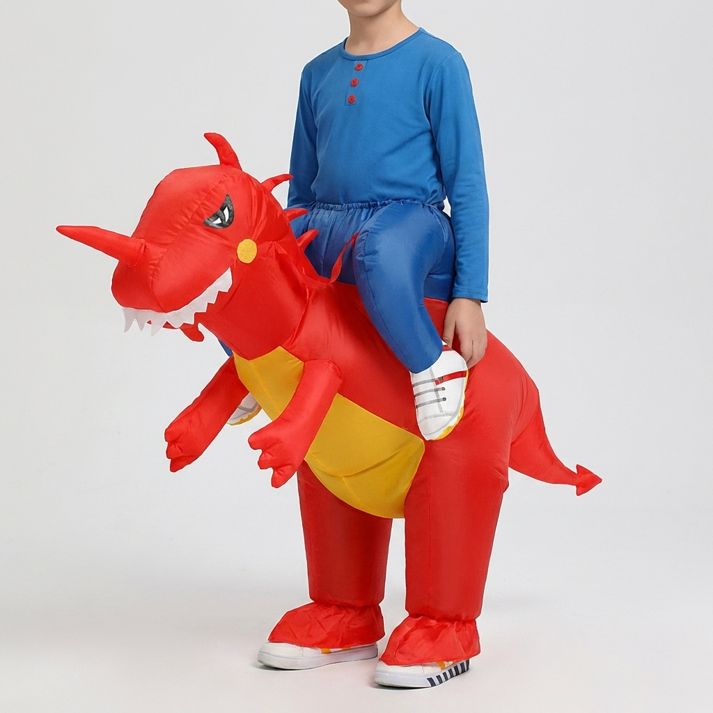 Röd dinosauriekostym för barn mot vit bakgrund