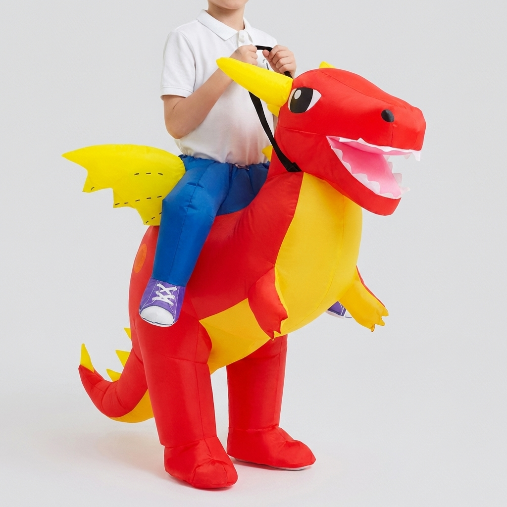 Rolig dinosauriekostym för barn som rida på dinon, perfekt för maskerad och lek
