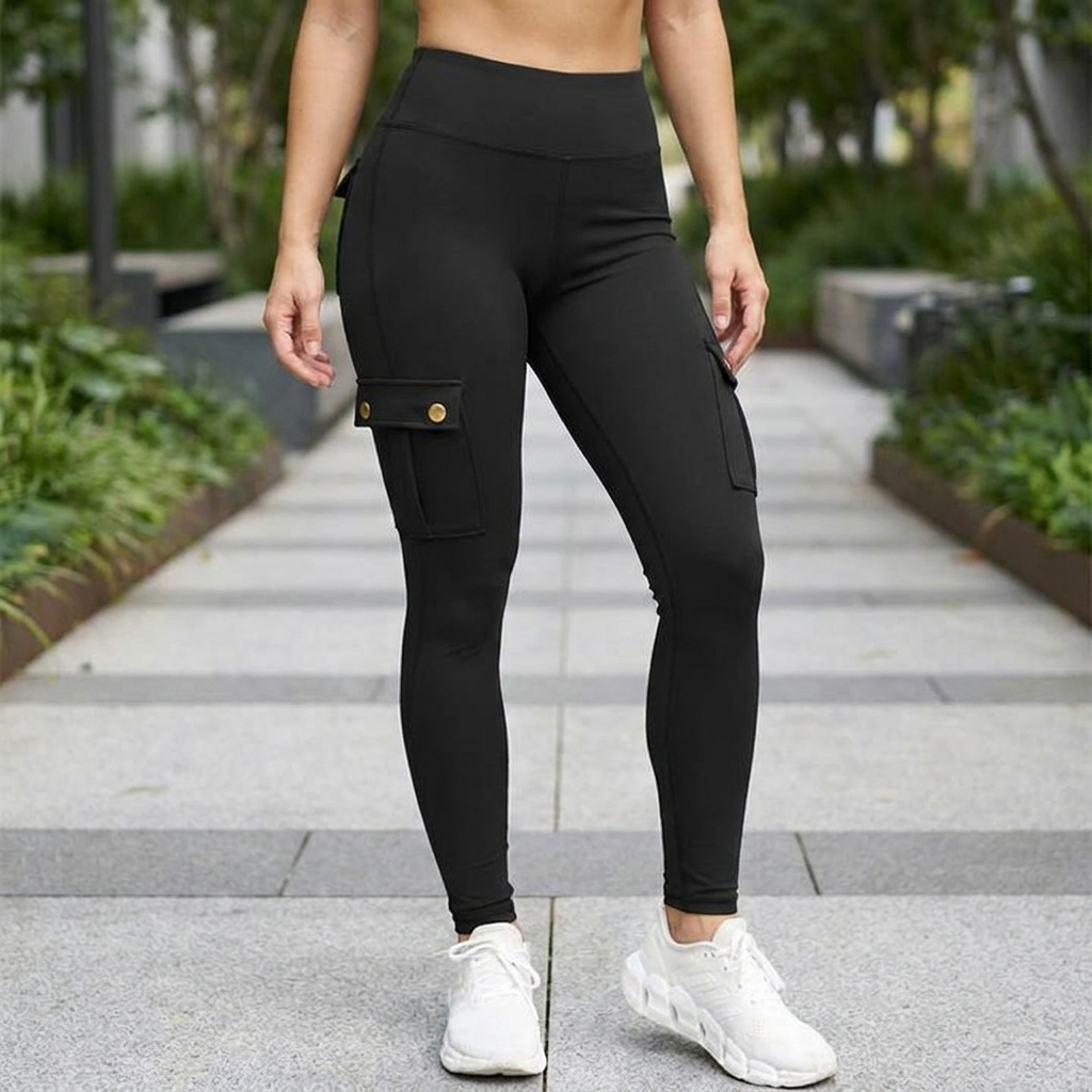 Kvinna i svarta slim-fit byxor med fickor utomhus