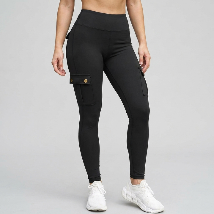 Svarta slim-fit byxor för dam på neutral bakgrund