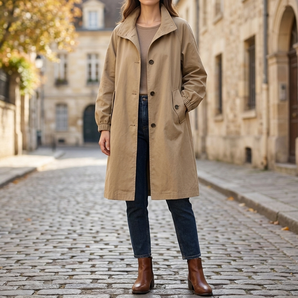 Kvinna som bär en lång beige regnrock på kullerstensgata