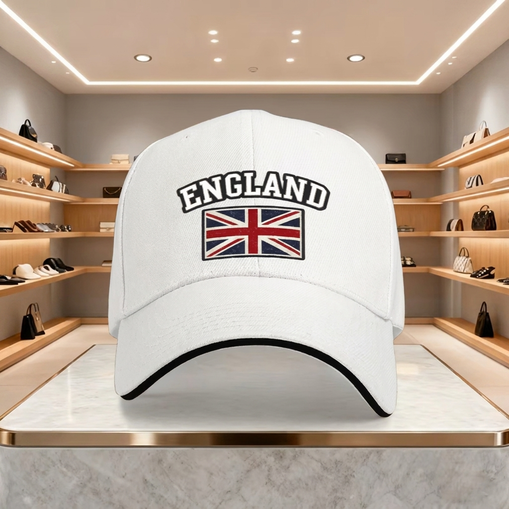 Vit England UK baseballkeps med broderad flaggdetalj på marmorbord
