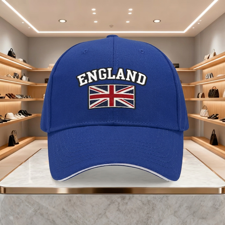 Närbild på broderad England-detalj på den svarta baseballkepsen