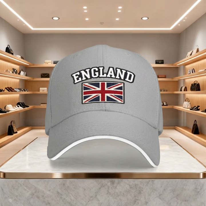 Grå England UK baseballkeps med kontrastskärm i butiksmiljö