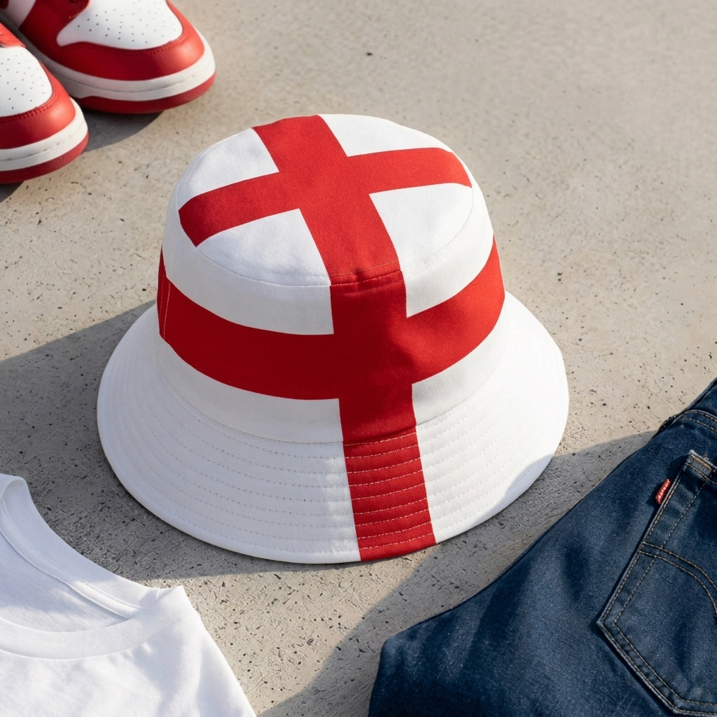 Vit och röd England bucket hat placerad bredvid sneakers och jeans