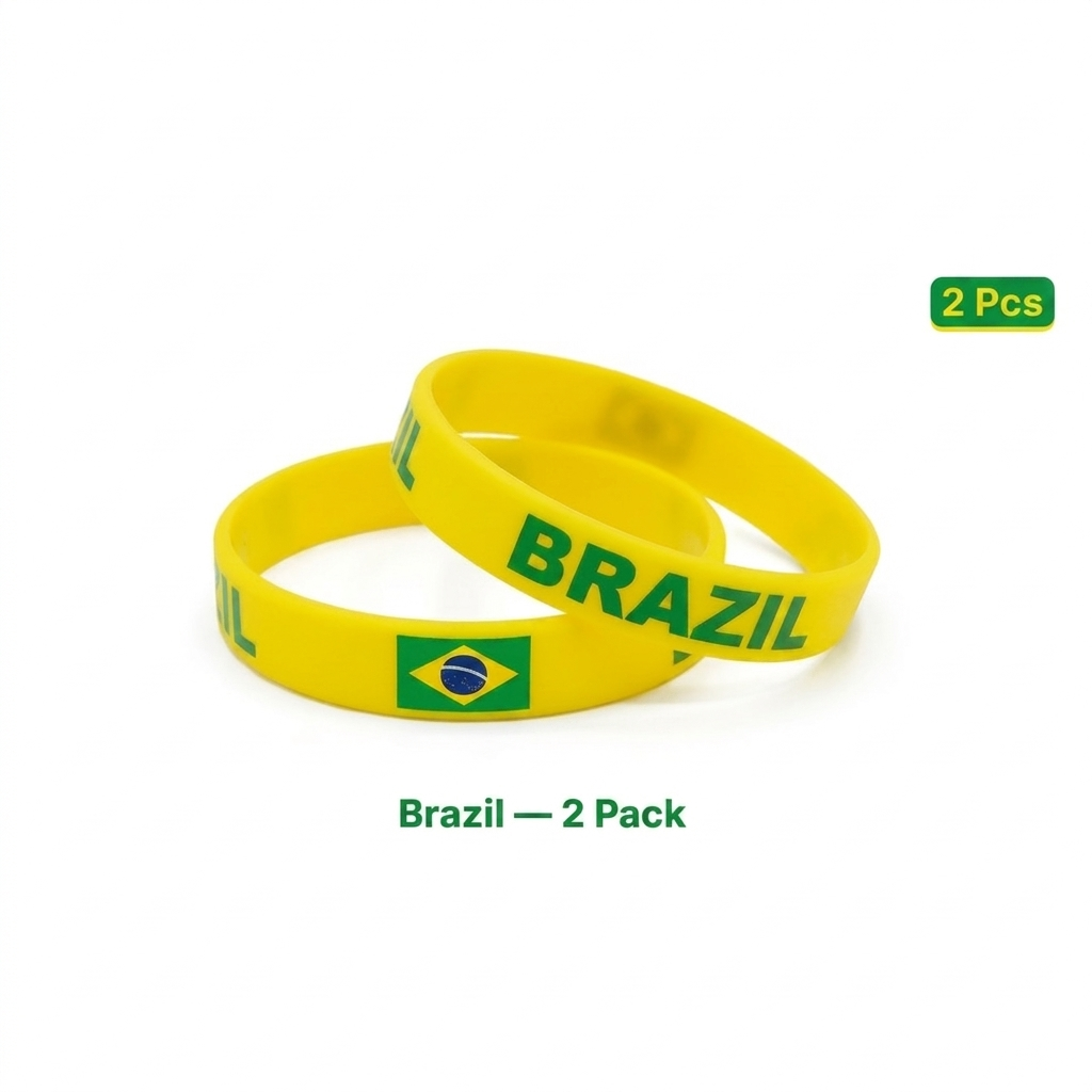 Gula fotbollsarmband i 2-pack med Brasilien-flagga och text