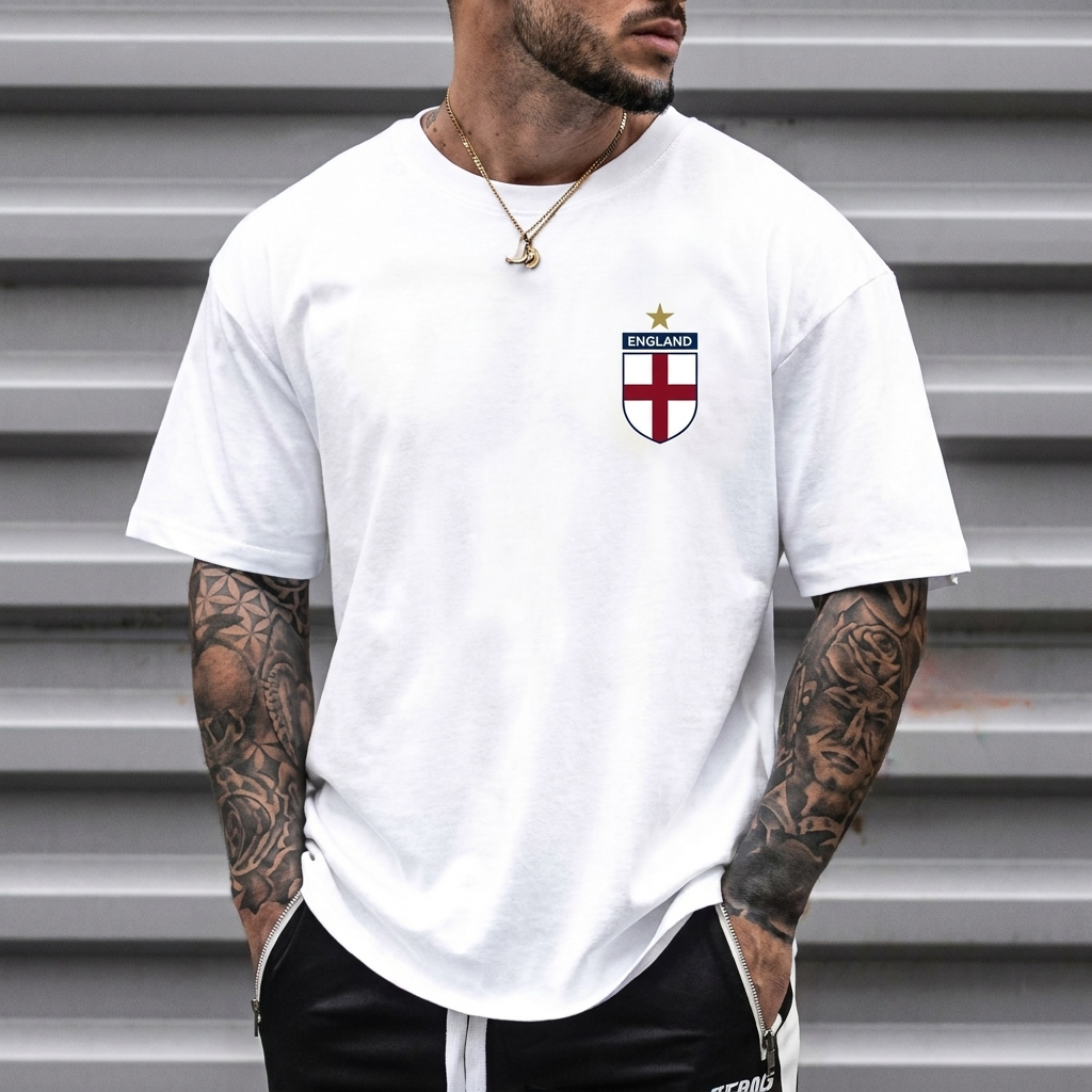 Man i vit avslappnad t-shirt med England-logotyp